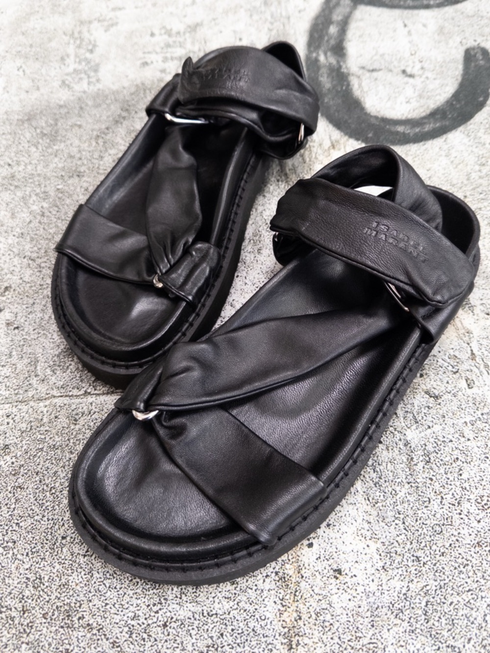 Isabel Marant Naori T-Strap Grip Sandals Black Calf Leather, Size 40 / US‎ 10